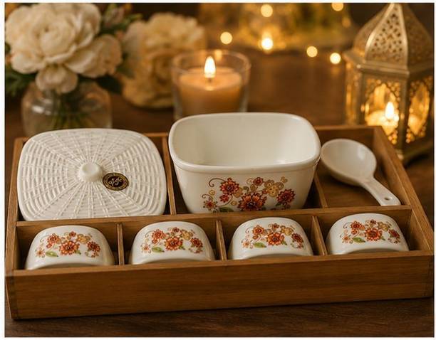 ridhisidhi Pack of 6 Bone China Crockery Serving Set with 4 Bowl, 1 Donga with Lid & 1 Serving Spoon Kitchen Set Dinner Set