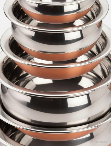 Nirvika Pack of 5 Stainless Steel Pack of 5 Copper Bottom Handi Set/Serving Bowl Patila Set /Cookware Dinner Set
