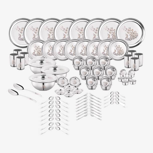 Classic Essentials Pack of 101 Stainless Steel Dinner Set|Serves 8 People|Heavy Gauge|Kitchen Set|Permanent Laser-Peacock Dinner Set