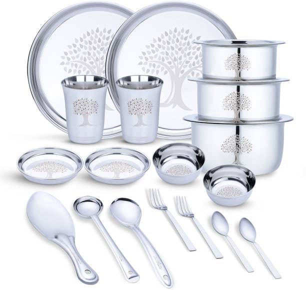LIMETRO STEEL Pack of 21 Stainless Steel Laser Printed Serves 2 Dinner Set