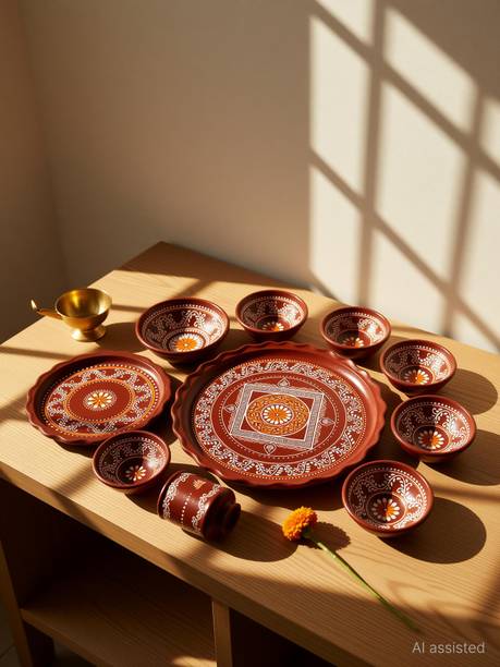 Ghosh Engineering Works Pack of 9 Earthenware, Terracotta Dinner Set,Thalar set,
