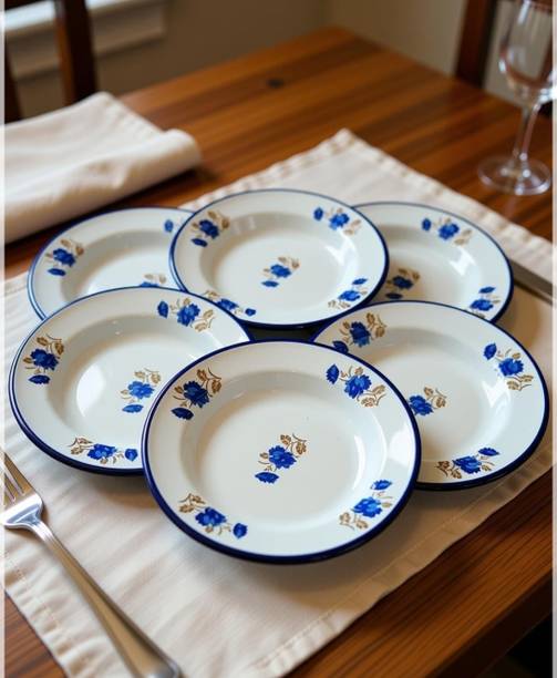 SOUQ AL AHMAD Bone China 24 cm Deep Enamel Dinner Plate Set of 6 | Blue Floral Printed Round Plates Dinner Set