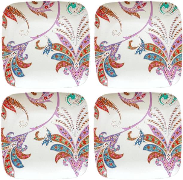 Deepashri Pack of 4 Bamboo Fiber 8 Inch Leaf Printed Squire Dinner Plates 100% Biodegradable Dinner Set