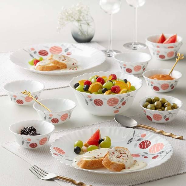 Larah by Borosil Pack of 17 Opalware Dahlia Galaxy Series Crockery for Dining & Gifting Dinner Set