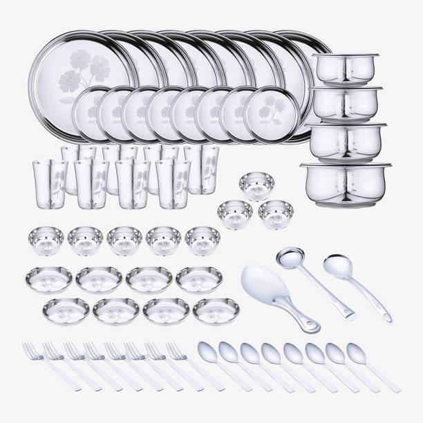 LIMETRO STEEL Pack of 67 Stainless Steel Laser Printed Flawer Design (Serves 8) Dinner Set