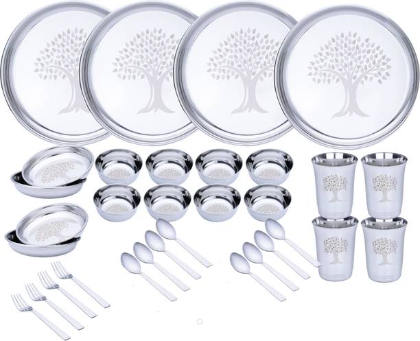 LIMETRO STEEL Pack of 32 Stainless Steel Laser Printed Tree Design Heavy Gauge Dinner Set