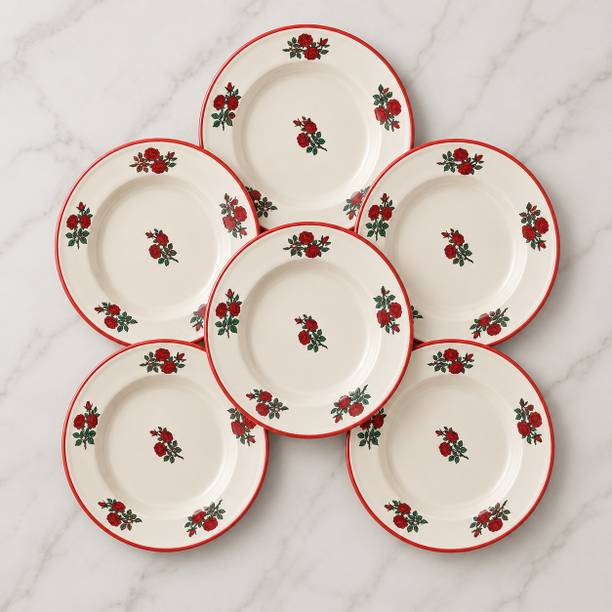 SOUQ AL AHMAD Bone China 24 cm Enamel Dinner Plate Set of 6 | Red Rose Floral Printed Round Dinner Plates Dinner Set