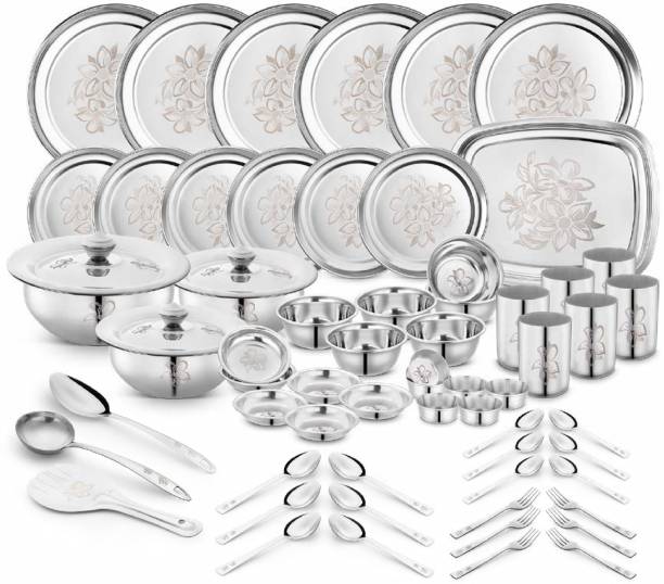 Classic Essentials Pack of 64 Stainless Steel Kitchen for Home|Heavy Gauge|PermanentLaser Engraving-Glory Dinner Set