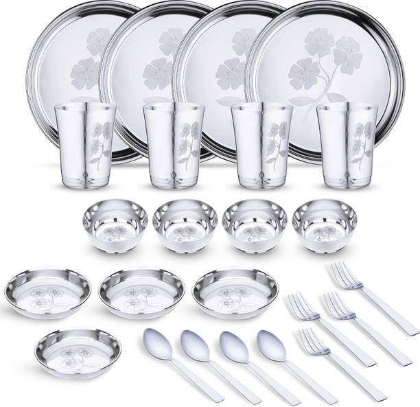 LIMETRO STEEL Pack of 24 Stainless Steel Laser Printed Flawer Design (Serves 4) Dinner Set