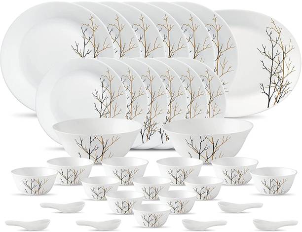 LAOPALA Pack of 33 Opalware Ivory White passion {Dinner plate 11"(6 pcs) || Quarter plate 7.5"(6 pcs) || Oval platter 13"(1 Pc) || Veg bowl 180ml(6 Pcs) || Soup Bowl 340ml(6 pcs) || Serving bowl 1450ml(2 Pcs)|| Spoon (6 pcs)} Dinner Set