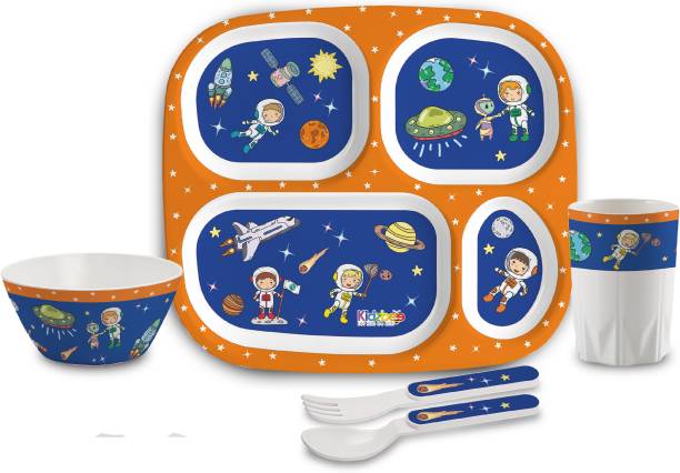 cello Pack of 5 Melamin Kidzbee Quadmeal Cosmic Explorer Melamine Meal Set for Kids |BPA Free |Navy Blue Dinner Set