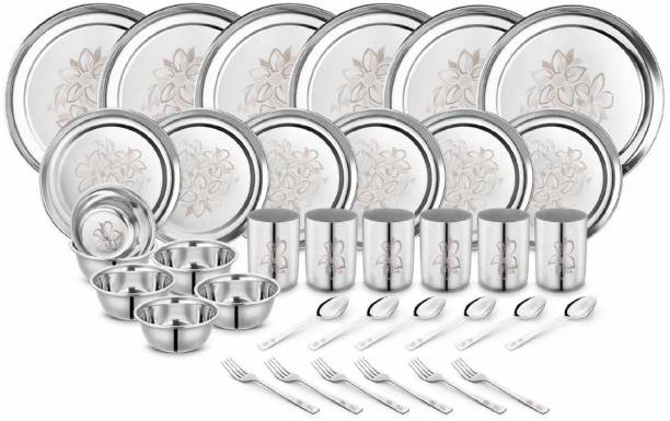 Classic Essentials Pack of 36 Stainless Steel Glory Dinner Set, Heavy Gauge with Permanent Glory Laser Design Dinner Set
