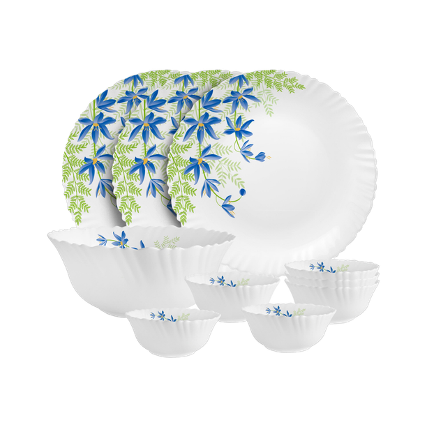 cello Pack of 10 Opalware Dazzle Series Blue Primrose Crockery Set |Dishwasher Safe|Light-Weight Dinner Set
