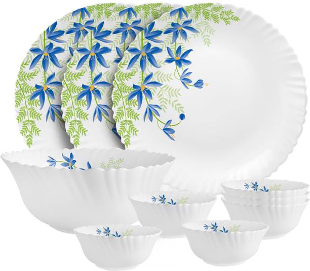 cello Pack of 10 Opalware Dazzle Series Blue Primrose Crockery Set |Dishwasher Safe|Light-Weight Dinner Set