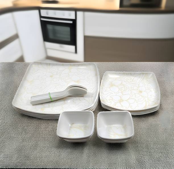 Kitchrox Pack of 16 Melamin Stylish Dinnerware Contains 4 Dinner Plate, 4 Half Plates, 4 bowls, 4 Spoons Dinner Set