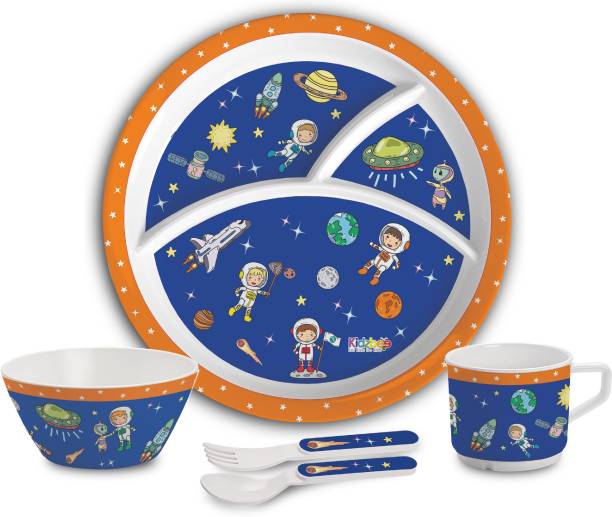 cello Pack of 5 Melamin Kidzbee Trioplate Cosmic Explorer Melamine Meal Set for Kids|BPA Free |Navy Blue Dinner Set