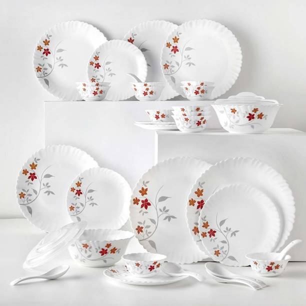 Larah by Borosil Pack of 34 Opalware Galaxy Rosalie Crockey Set for Dining & Gifting, Plate & Bowl Dinner Set