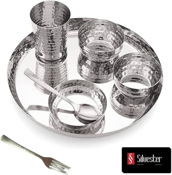 Silvester Stainless Steel Rajwadi Dinner Gift Set of 7pcs with Thali, 2 Wati, Glass, Spoon, Fork, plate Dinner Set