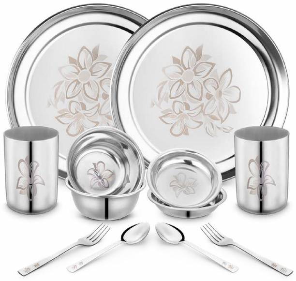 क्लासिक एसेंशियल्स Glory Dinner Set, High Grade Stainless Steel with Permanent Glory Lazer Design 12 का पैक डिनर सेट