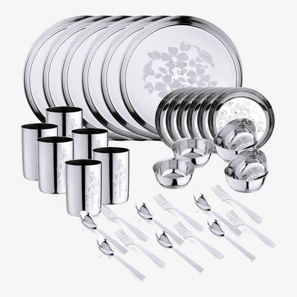 LIMETRO STEEL Pack of 36 Stainless Steel Stainless Steel Dinner Set (Laser Print) Dinner Set