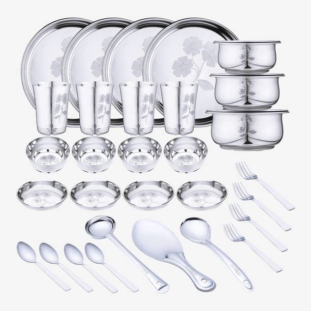 LIMETRO STEEL Pack of 33 Stainless Steel Laser Printed (Flawer-2) Dinner Set
