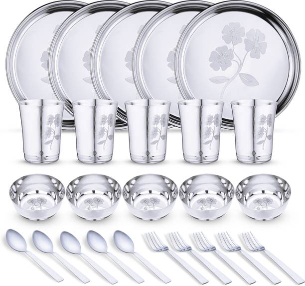 LIMETRO STEEL Pack of 25 Stainless Steel Laser Printed Flawer Design (Serves 5) Dinner Set