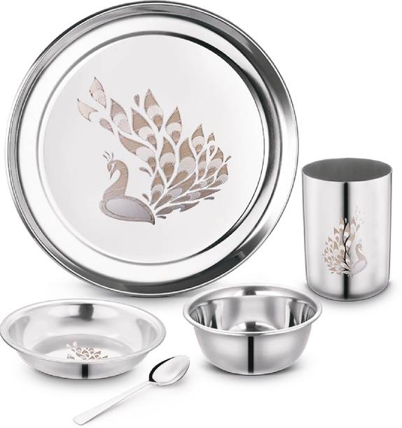Classic Essentials Pack of 5 Stainless Steel Dinner Set|Heavy Gauge|Kitchen Set|Permanent Laser-Peacock Dinner Set
