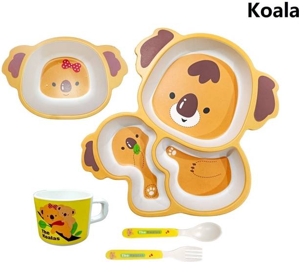 Deepashri Bamboo FIbre Brown Koala Baby Feeding kids Dinner Set (Plate, Bowl, Cup, Spoon & Fork) Dinner Set