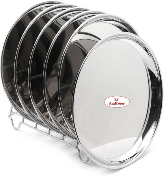 AadiVeer Pack of 6 Stainless Steel Plates | Steel Plates Set | Breakfast Plates | Dinner Plates | Lunch Plates 26cm Dinner Set