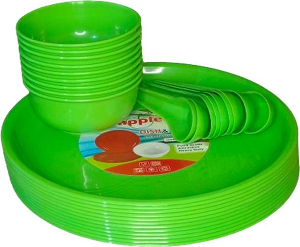 x pods Pack of 18 Plastic Colour Full Family Lunch Dinner Set 6 Bowl 6 Plates 6 Spoon Food Grade Dinner Set