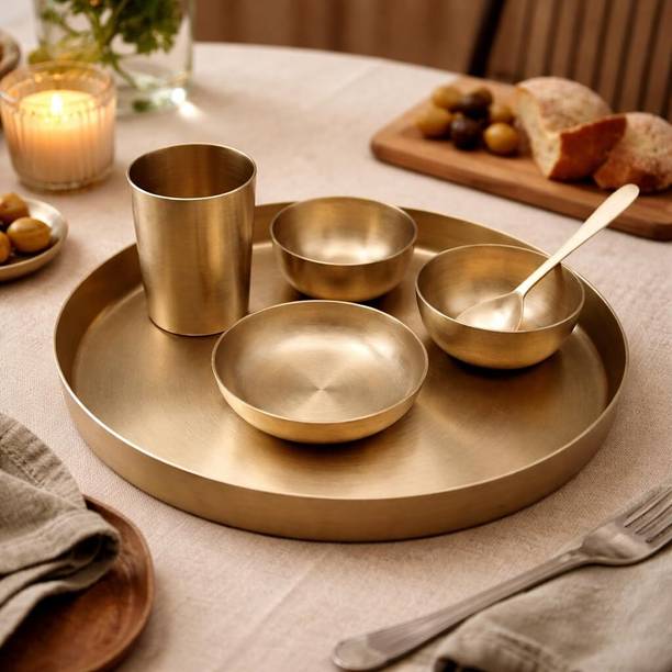 Durga Enterprises Pack of 6 Bronze Kansa Thali Set For 6 People, Metal Dinnerware And Serveware Collection Dinner Set