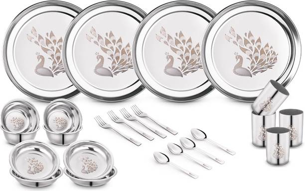 Classic Essentials Pack of 24 Stainless Steel Dinner Set|Serves 4 People|Heavy Gauge|Kitchen Set|Permanent Laser-Peacock Dinner Set