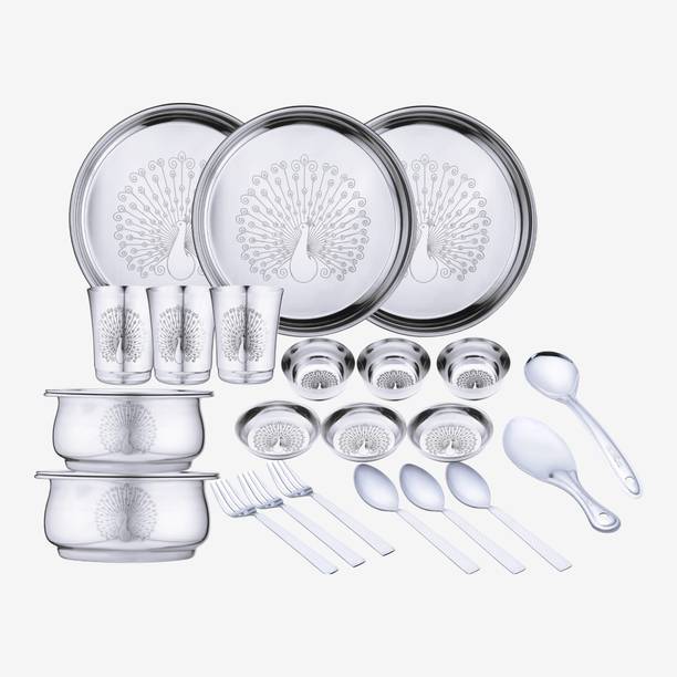 LIMETRO STEEL Pack of 24 Stainless Steel Laser Printed Peacock Design (Serves 3) Dinner Set