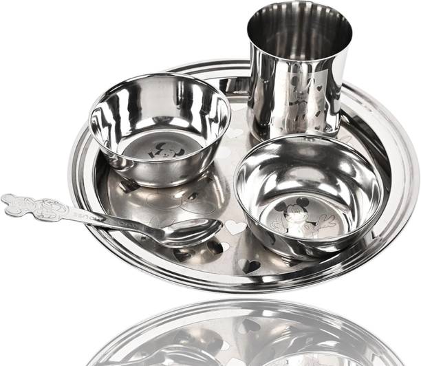 Artha Pack of 5 Stainless Steel S.S. Laser Cartoon Printed Baby Dinner Set Pack Of 5 Medium Size For Kids Dinner Set