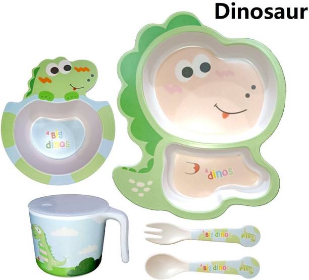 Deepashri Bamboo FIbre Green Dino Baby Feeding kids Dinner Set (Plate, Bowl, Cup, Spoon & Fork) Dinner Set