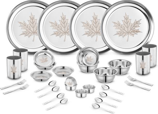 Classic Essentials Pack of 32 Stainless Steel Maple Dinner Set, Heavy Gauge with Permanent Laser Design Dinner Set