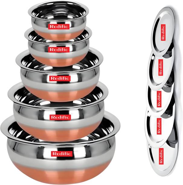 Redific Pack of 10 Stainless Steel Stainless Steel Handi Set Copper Bottom handi set of 5 Cookware/ Container/pot pan/patila/bhagona/Serving bowl/biryani cook & serve Set With Lids (Stainless Steel, Copper, Induction Bottom) Stainless Steel Serving Bowl (Silver, Pack of 5) Dinner Set