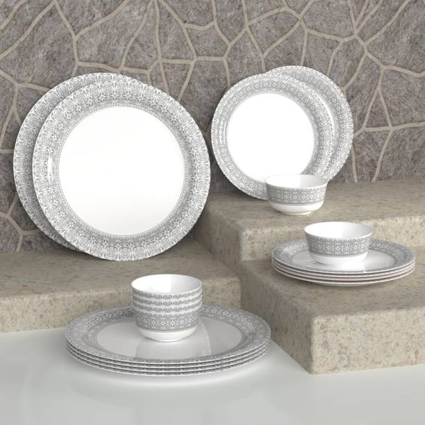 Castleite Pack of 18 Melamin Piccolo Ivory Bloom Round Designer Crockery Dinner Set