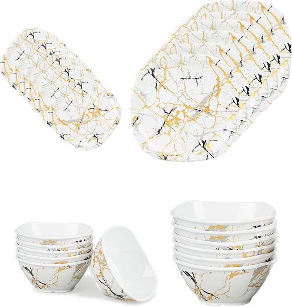 BATANIYA Pack of 24 Melamin Golden Marble Triple Coating - 6 Full Plate, 12 Veg Bowl, 6 Half Plate Dinner Set