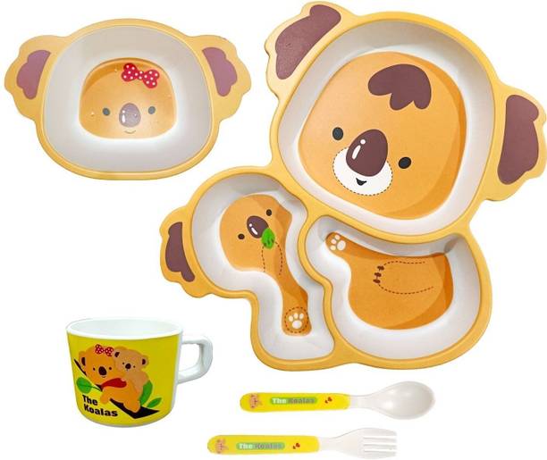 Deepashri Bamboo FIbre Brown Koala Baby Feeding kids Dinner Set (Plate, Bowl, Cup, Spoon & Fork) Dinner Set