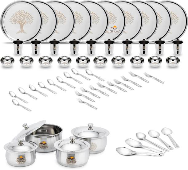 Ginara Pack of 63 Stainless Steel Laser Printed Tree Model-5 Set 4Handi&Lid , 5 Serving Spoon Dinner Set