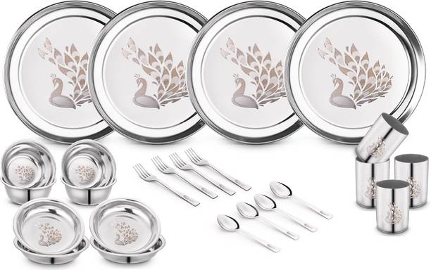 क्लासिक एसेंशियल्स Peacock Lazer Design Stainless Steel Heavy Gauge Dinner Set Shagun|Bartan Set 24 का पैक डिनर सेट