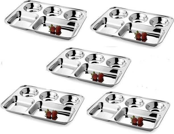 Finetouch Pack of 5 Stainless Steel Lunch/Dinner Plate/Bhojan Thali with Rectangle Compartments Dinner Set