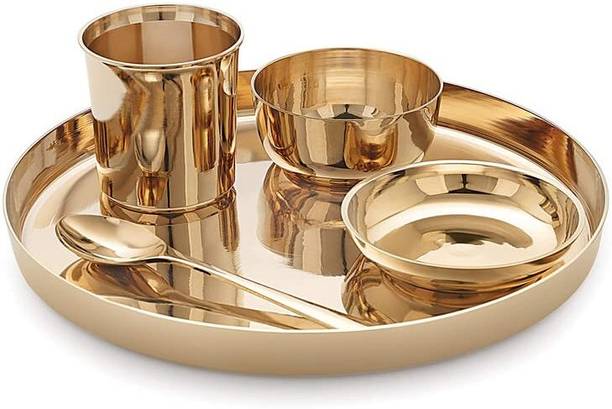 RamMetals Bronze Pure Kansa Bronze Dinner Thali Set 6 Pieces 9 Inch Solid Handcrafted 1300g Dinner Set
