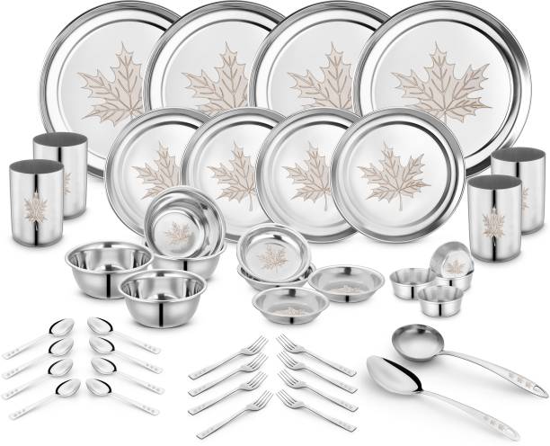 Classic Essentials Pack of 42 Stainless Steel Maple Dinner set Heavy Gauge with Permanent Laser Design Dinner Set