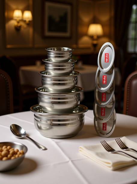 Nirvika Pack of 10 Stainless Steel Cookware set urli /biryani handi/tope/serveware/storeware steel handi set of 5 Piece 2.1 L, 1.6 L, 1.1 L, 0.8 L, 0.5 L (Gas and Induction compatible Stainless Steel, Non-stick) Cookware Set (Stainless Steel, 5 - Piece) Cookware Set (Stainless Steel, 5 - Piece) Dish Serving Set (Pack of 5)Steel Urli 5 Piece With Lid Dinner Set