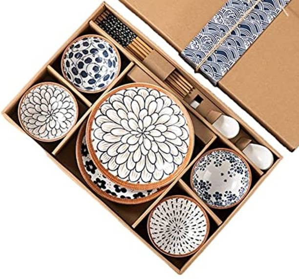 JUWIL Pack of 14 Ceramic Japanese Ceramic Dinnerware Set 4Bowls, 2Plates, 4Chopsticks & 4Spoons Gift Box Dinner Set