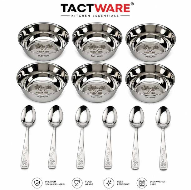 Tactware Pack of 12 Stainless Steel Premium Food Safe Bowl & Spoon Set Dinner Set