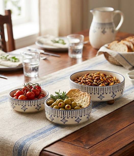 Glina Aura Pack of 3 Ceramic Blue Blossom Ceramic Bowl Set Dinner Set