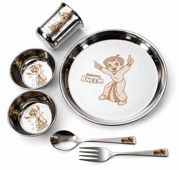 Swarn Bhumi Pack of 6 Steel "The Super Chhota bheem permanent laser print dinner set for kids " Dinner Set
